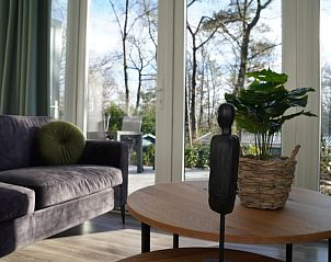 Modern interieur van Vakantiehuis Tiny House in Hoenderloo, Veluwe met uitzicht op de tuin.