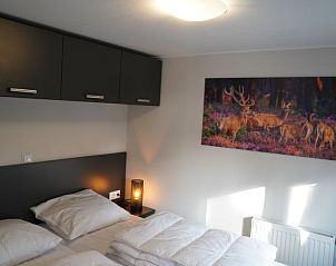 Slaapkamer in Vakantiehuis Tiny House, Hoenderloo, Veluwe met kunst aan de muur en modern design.