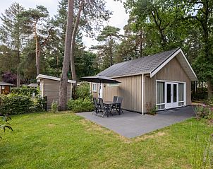 Geniet van het terras bij Vakantiewoning Boslodge Comfort in Hoenderloo, Veluwe, perfect voor buiten dineren en ontspanning.