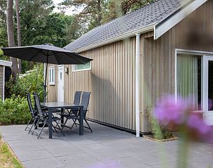 Ruim terras met parasol bij Vakantiewoning Boslodge Comfort in Hoenderloo, Veluwe, ideaal voor zonnige dagen in de natuur.