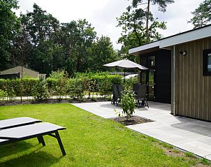 Tuin met ligstoelen bij Vakantiewoning Heidehoeve XL comfort in Hoenderloo, Veluwe.