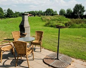 Terras van Vakantiehuisje in Terwolde, Veluwe met buitenhaard en uitzicht op de natuur.