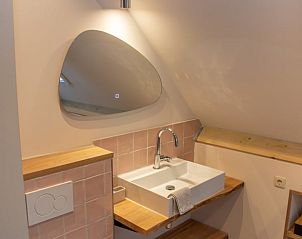 Stijlvolle wastafel in Vakantiehuisje in Terwolde, Veluwe, Gelderland, met moderne spiegel.