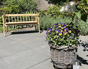 Outdoor bench and flowers at Holiday home Sprielderbosch 26 De Beuk in Putten, Veluwe, for relaxing moments.