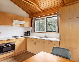 Gezellige keuken in Loghome 6, een bungalow in Putten, Veluwe. Houten interieur met moderne apparatuur en uitzicht op de groene omgeving.