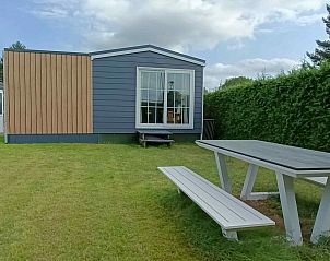 Auenterrasse des Ferienhauses DG1546 in Putten Veluwe mit Picknicktisch und grner Umgebung.