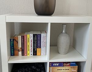 Boekenkast in Vakantiehuisje in Putten, Veluwe, Gelderland met boeken en decoraties, ideaal voor ontspanning in een gezellige vakantiewoning.