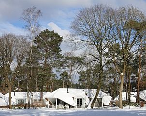Sneeuw bedekt Vakantiehuis in Putten, winter op de Veluwe, Gelderland.