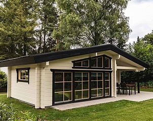 Vakantiehuis de Blokhut in Voorthuizen, Veluwe, Gelderland, met een charmant terras en omringd door weelderige natuur.