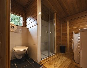 Moderne badkamer in Vakantiehuis de Blokhut, Voorthuizen, Veluwe. Geniet van comfort in deze gezellige houten vakantiewoning in Gelderland.