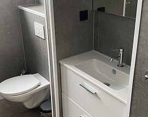 Moderne badkamer in Vakantiehuis Hackfort 6, Hulshorst, Veluwe met toilet en wastafel.