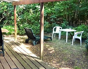 Terras van Vakantiehuisje in Hulshorst met ligstoelen, omgeven door natuur, Veluwe, Gelderland.