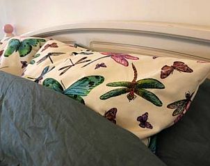 Gezellige slaapkamer in vakantiehuis in Hulshorst met kleurrijke kussens, Veluwe, Gelderland.