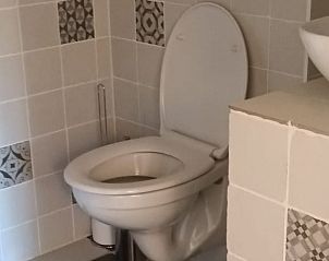 Comfortabele badkamer in vakantiehuis in Hulshorst met toilet en wastafel, Veluwe, Gelderland.