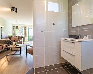 Moderne badkamer in Pimpelmees vakantiehuis in Hulshorst, Veluwe met inloopdouche en wastafel.