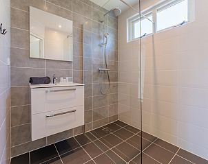 Stijlvolle badkamer in vakantiehuis Koolmees, Hulshorst, Veluwe met inloopdouche en moderne tegels.