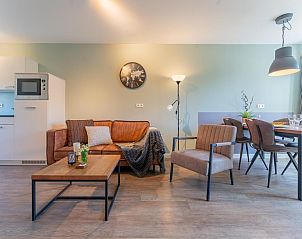 Ruime woonkamer in vakantiehuis Koolmees, Hulshorst, Veluwe met moderne meubels en veel daglicht.