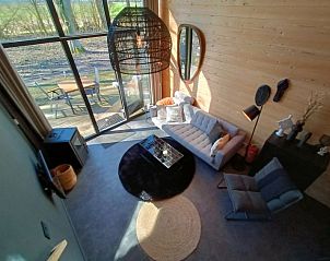 Lichte leefruimte van Vakantiehuis Tiny House 2 in Hulshorst Veluwe, met uitzicht op de natuur.