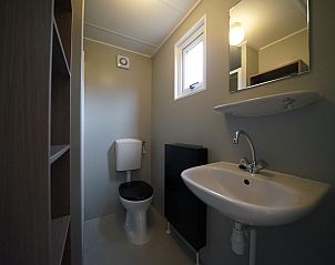 Strakke badkamer in Chalet in Otterlo, Veluwe, met moderne voorzieningen.