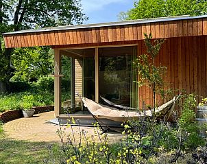 Ruhige Veranda mit Hngematte im Ferienhaus in Otterlo, Veluwe, umgeben von Grn.