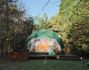 Unieke glamping lodge Huisje in Otterlo op de Veluwe, omringd door natuur in Gelderland, met een ruim terras en rustgevende bosomgeving.