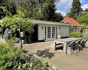 Gezellig terras met bloemen bij Vakantiehuisje in Epe, Veluwe, Gelderland.