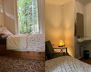 Knusse slaapkamer in Boshuis Wissel, een vakantiehuis in Epe, Veluwe, met uitzicht op de omringende natuur en een sfeervolle inrichting.