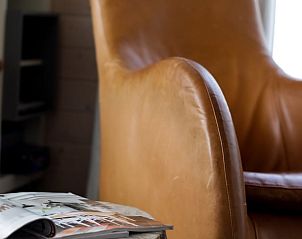 Cozy reading corner in Holiday Home in Epe, Veluwe, Gelderland with comfortable leather chair and magazines for relaxation.