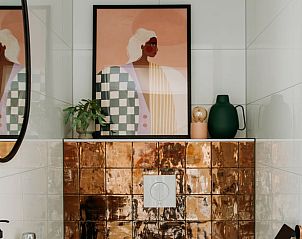 Modern bathroom in Holiday Home in Nunspeet, Veluwe, with stylish tile wall and artistic details.