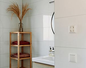Stylish bathroom in cottage in Nunspeet, Veluwe, with wooden shelf and modern sink.