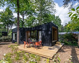Ontspan op het terras van TED Tiny House, een modern vakantiehuis in de Veluwse natuur van Nunspeet, Gelderland.