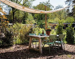 Outdoor dining under shade cloth in Holiday cottage in Nunspeet, Veluwe, Gelderland.