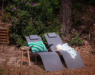Relaxing loungers in the garden of De Linde vacation home, Nunspeet, Veluwe, surrounded by natural beauty.
