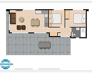 Plattegrond van Silva 4 personen Wellness vakantiehuis in Lunteren, Veluwe, toont ruime indeling met terras en slaapkamers.