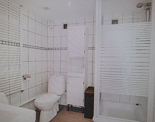 Stijlvolle badkamer in vakantiehuisje in Laag Soeren, Veluwe, met douche en toilet.