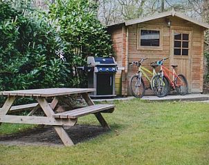 Tuin met picknicktafel en fietsen bij vakantiehuisje in Laag Soeren, Veluwe, perfect voor buitenactiviteiten.