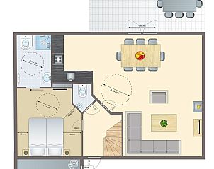 Floor plan of Coldenhove 8-person bungalow, widely accessible, in Eerbeek, Veluwe. Spacious living room and dining area.