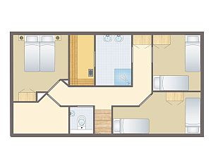 Upper floor of Coldenhove 8-bed bungalow in Eerbeek, Veluwe. Bedrooms and bathroom with modern amenities.