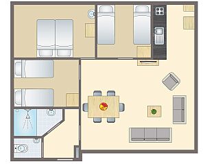 Floor plan of Coldenhove 6-person bungalow 6B in Eerbeek, Veluwe, Gelderland with spacious living and dining area.