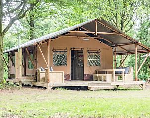 Exterieur van Rabbit Hill safaritent, Nieuw Milligen, Veluwe, met ruime veranda en groene omgeving.