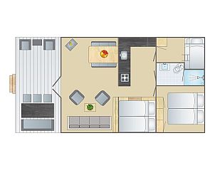Plattegrond van Rabbit Hill safaritent, Nieuw Milligen, Veluwe, met indeling van kamers en voorzieningen.
