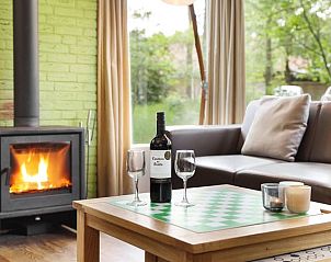 Sfeervolle zithoek met open haard in Rabbit Hill 8-persoons kinderbungalow, Veluwe, ideaal voor ontspanning.