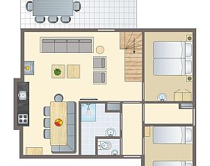 Plattegrond van de begane grond van Rabbit Hill kinderbungalow 8CK, Veluwe, met indeling van kamers en meubels.