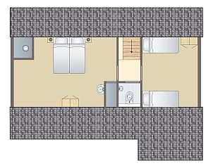 Plattegrond van Rabbit Hill 6-persoons bungalow 6CE in Nieuw Milligen, Veluwe, Gelderland met comfortabele slaapkamers en badkamer.