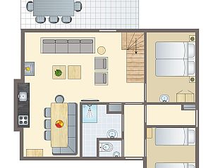 Plattegrond van Rabbit Hill 8-persoons bungalow 8C in Nieuw Milligen, Veluwe, Gelderland, met ruime woonkamer en moderne keuken.