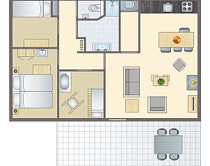 Plattegrond van Rabbit Hill 4-persoons babybungalow 4CN in Nieuw Milligen, Veluwe, Gelderland. Gezellige indeling met woonkamer en keuken.