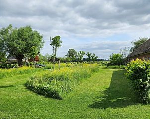 Groene tuin met bomen en bloemen bij Huisje in Klarenbeek, vakantieverblijf op de Veluwe, Gelderland.