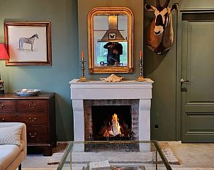 Gezellige open haard in de woonkamer van Huisje in Klarenbeek, vakantiewoning op de Veluwe.