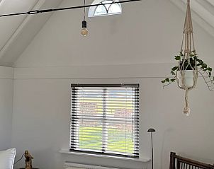 Lichte binnenruimte van Huisje in Klarenbeek, Veluwe, met hoog plafond en hangplant, ideaal voor ontspanning.