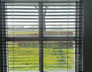 Uitzicht op de groene velden vanuit het raam van Huisje in Klarenbeek, Veluwe, gelegen in de rust van Gelderland.